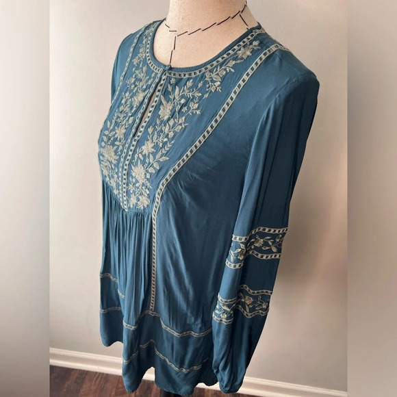 J. Jill Vicose Teal Peasant Style Tunic Blouse, Green Embroidery relaxed sz S - Picture 8 of 10